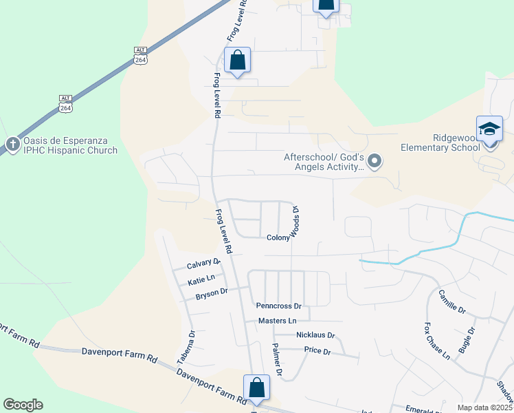 map of restaurants, bars, coffee shops, grocery stores, and more near 4105 Colony Woods Drive in Greenville