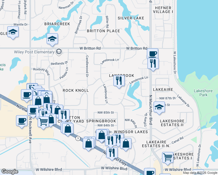map of restaurants, bars, coffee shops, grocery stores, and more near 8901 Lansbrook Lane in Oklahoma City