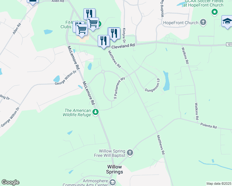 map of restaurants, bars, coffee shops, grocery stores, and more near 404 South Parliament Way in Clayton