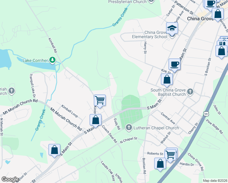 map of restaurants, bars, coffee shops, grocery stores, and more near 455 Eudy Road in China Grove