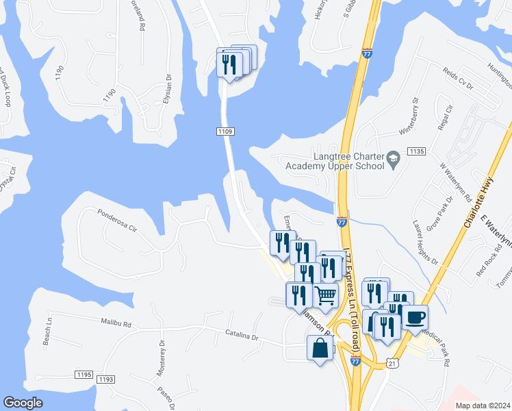 map of restaurants, bars, coffee shops, grocery stores, and more near 102 Pier 33 Drive in Mooresville