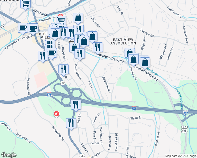 map of restaurants, bars, coffee shops, grocery stores, and more near 185 London Road in Asheville