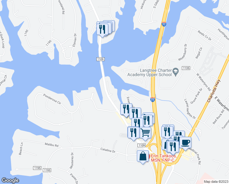 map of restaurants, bars, coffee shops, grocery stores, and more near 104 Emerald Drive in Mooresville