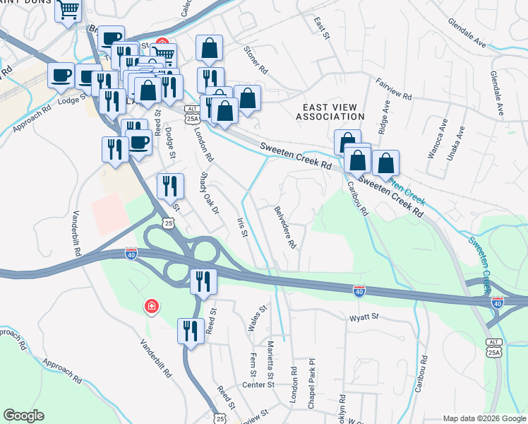 map of restaurants, bars, coffee shops, grocery stores, and more near 185 London Road in Asheville