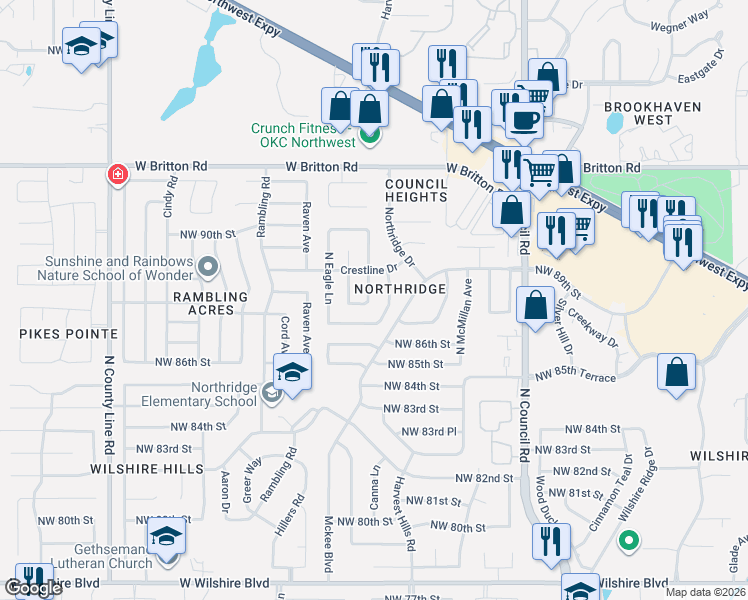 map of restaurants, bars, coffee shops, grocery stores, and more near 8908 North Markwell Avenue in Oklahoma City