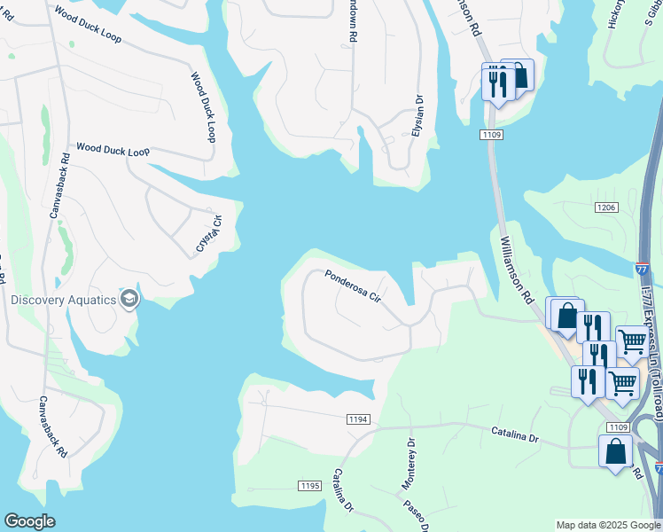 map of restaurants, bars, coffee shops, grocery stores, and more near 288 Ponderosa Circle in Mooresville