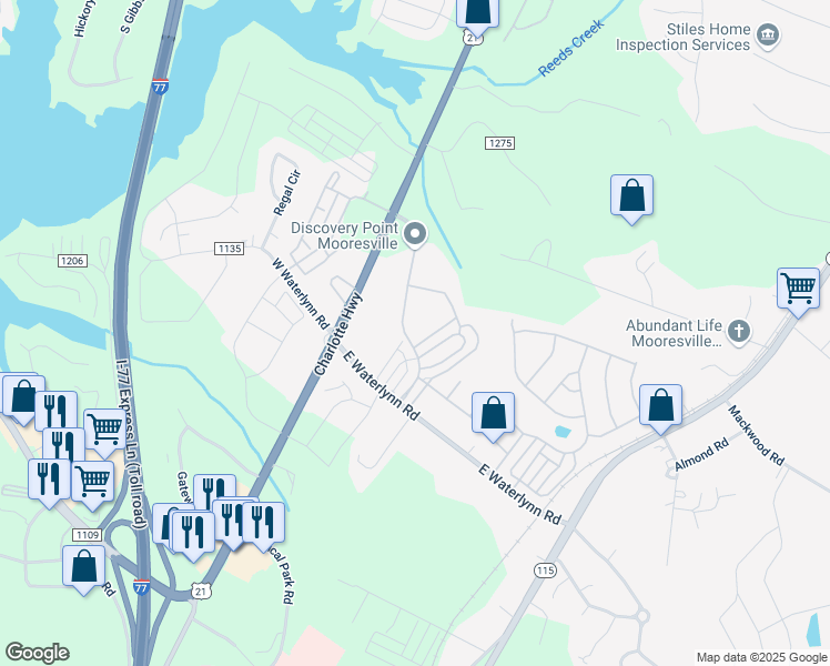 map of restaurants, bars, coffee shops, grocery stores, and more near 163 Waterlynn Ridge Road in Mooresville