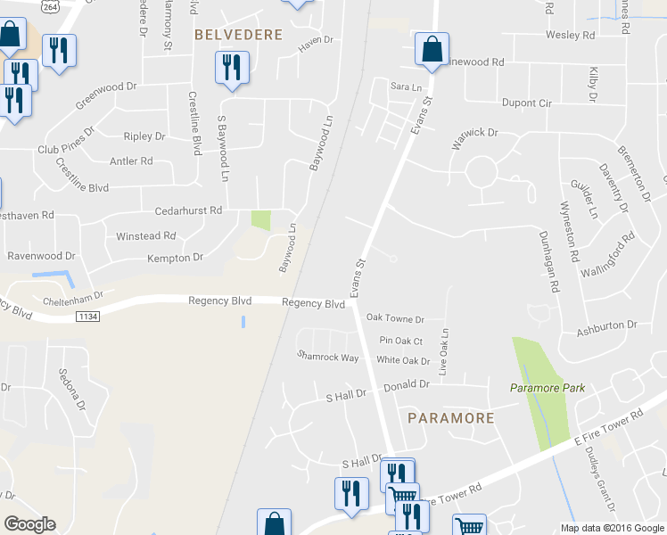 map of restaurants, bars, coffee shops, grocery stores, and more near 3702 Evans Street in Greenville
