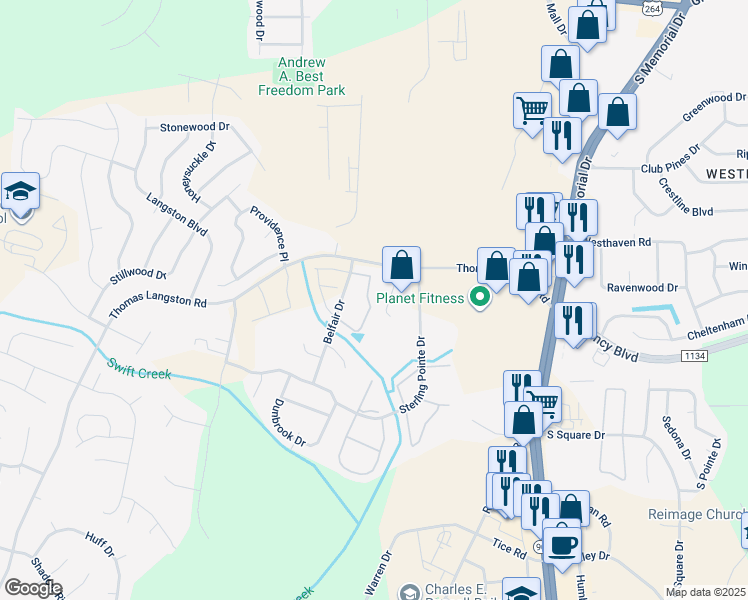 map of restaurants, bars, coffee shops, grocery stores, and more near 3813 East Vancroft Circle in Winterville