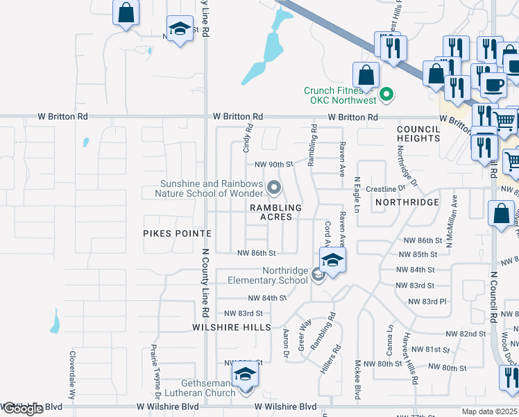 map of restaurants, bars, coffee shops, grocery stores, and more near 8709 Northwest 87th Street in Oklahoma City