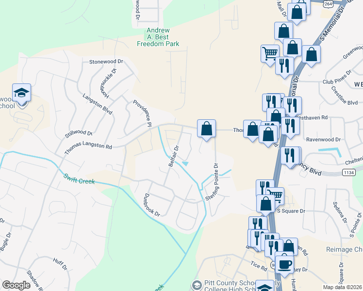 map of restaurants, bars, coffee shops, grocery stores, and more near 1200 Freeland lane in Winterville