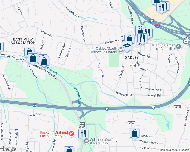 map of restaurants, bars, coffee shops, grocery stores, and more near 9 Williamsburg Place in Asheville