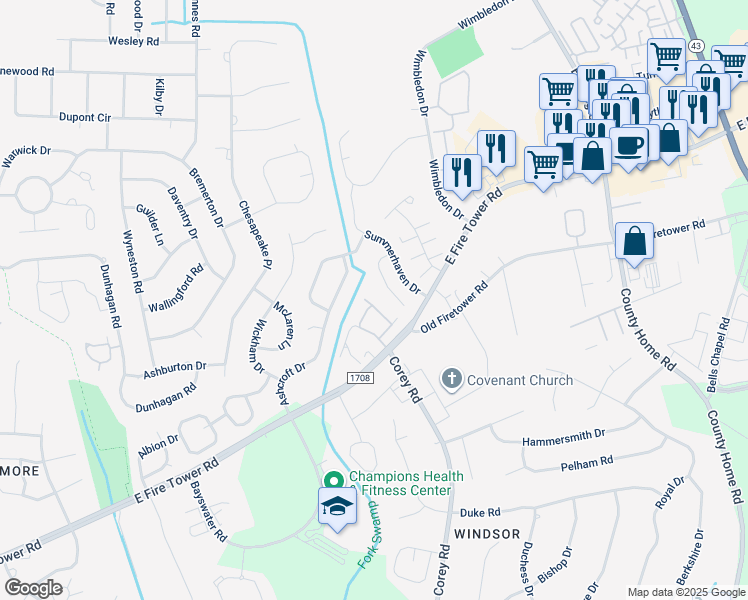 map of restaurants, bars, coffee shops, grocery stores, and more near 1216 East Fire Tower Road in Greenville