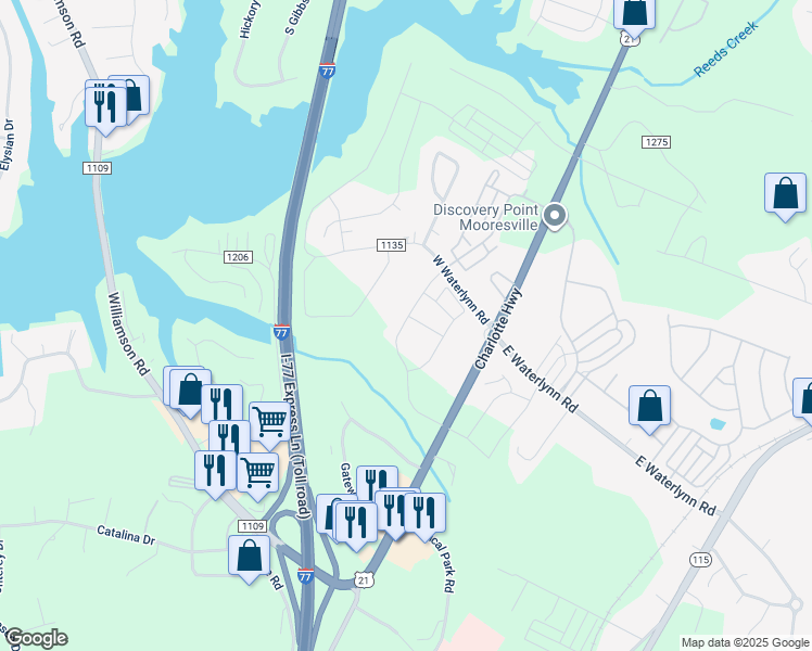 map of restaurants, bars, coffee shops, grocery stores, and more near West Waterlynn Road in Mooresville