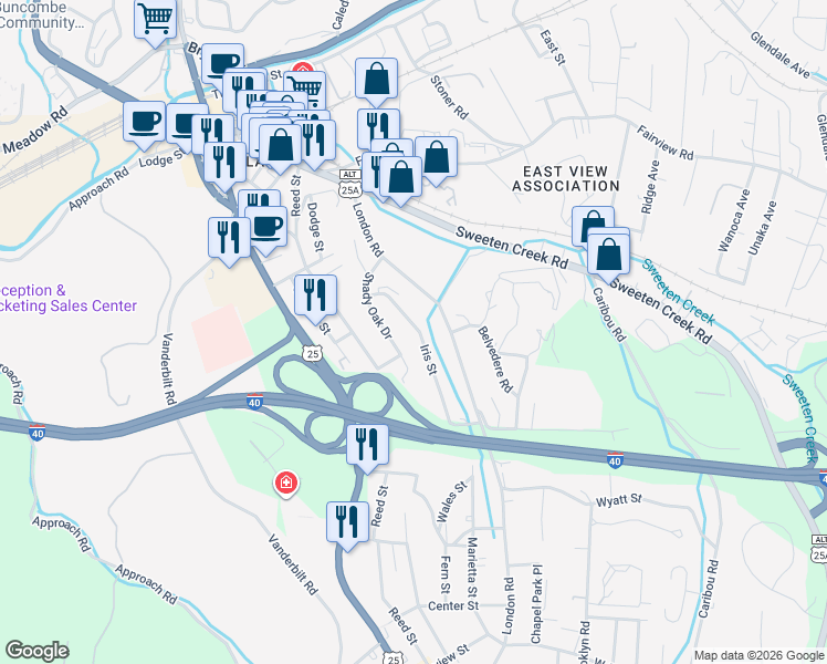 map of restaurants, bars, coffee shops, grocery stores, and more near 102 Shady Oak Drive in Asheville