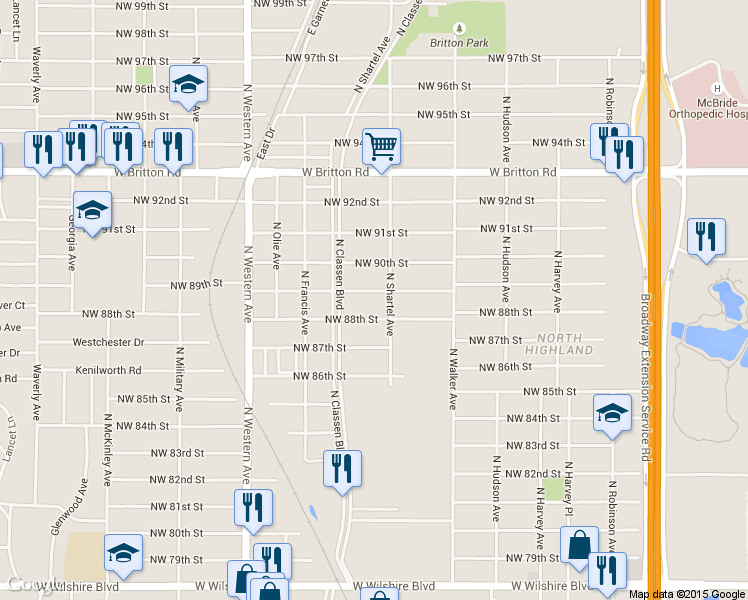 map of restaurants, bars, coffee shops, grocery stores, and more near 704 Northwest 88th Street in Oklahoma City