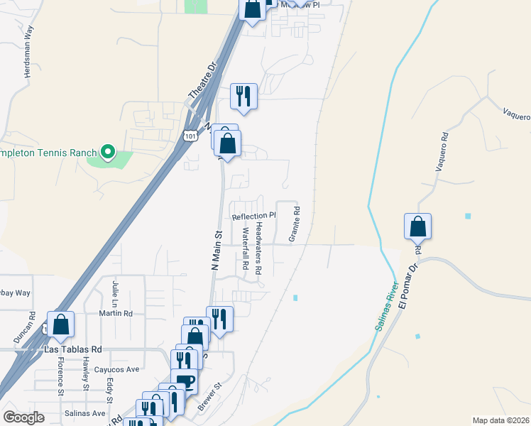 map of restaurants, bars, coffee shops, grocery stores, and more near 255 X-Bar-D Way in Templeton