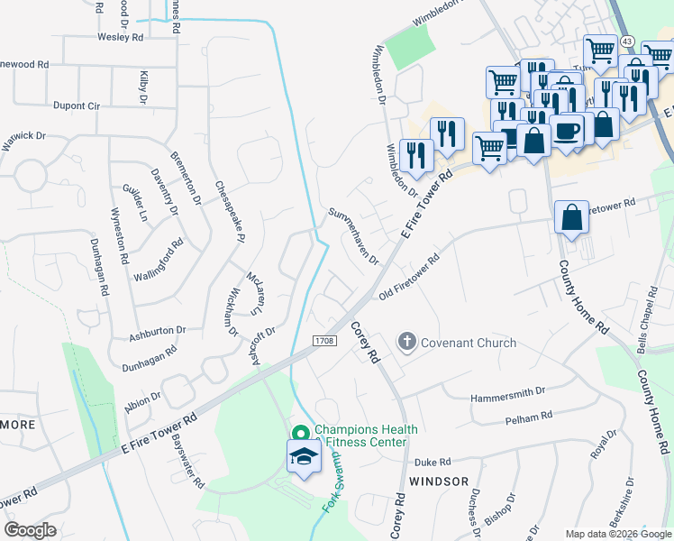 map of restaurants, bars, coffee shops, grocery stores, and more near 1216 East Fire Tower Road in Greenville
