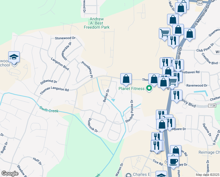 map of restaurants, bars, coffee shops, grocery stores, and more near 1200 Freeland lane in Winterville