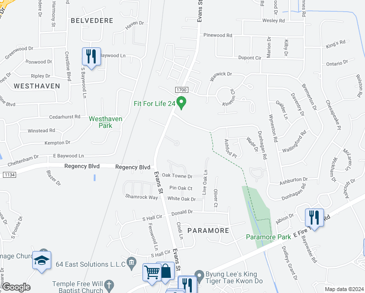 map of restaurants, bars, coffee shops, grocery stores, and more near 161 Keys Court in Greenville