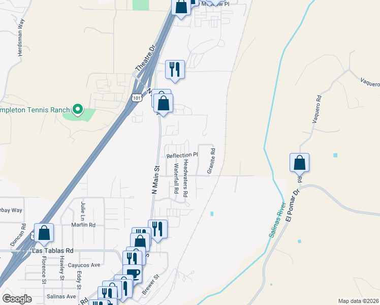 map of restaurants, bars, coffee shops, grocery stores, and more near 255 X-Bar-D Way in Templeton