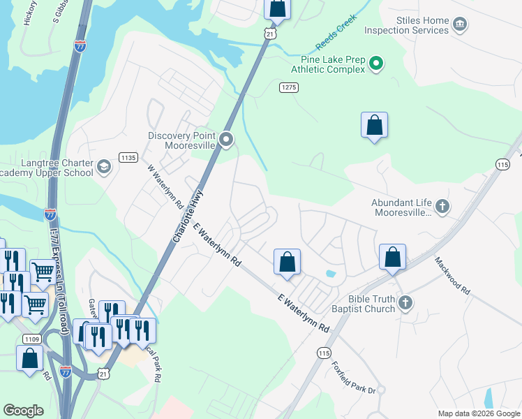 map of restaurants, bars, coffee shops, grocery stores, and more near 141 Leyton Loop in Mooresville