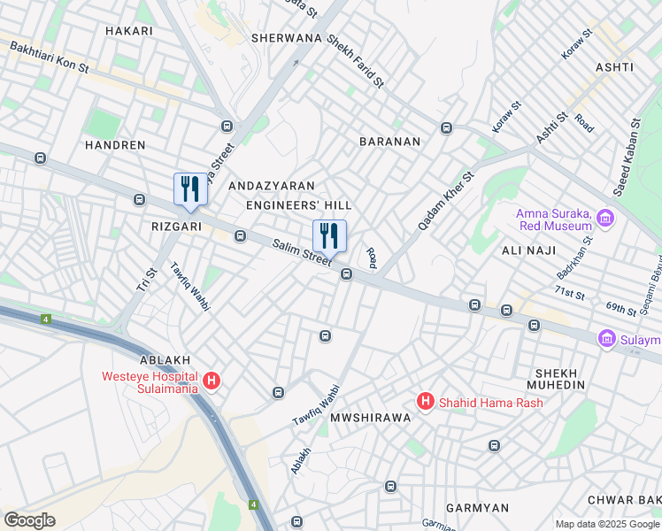 map of restaurants, bars, coffee shops, grocery stores, and more near Salim Street in Sulaymaniyah