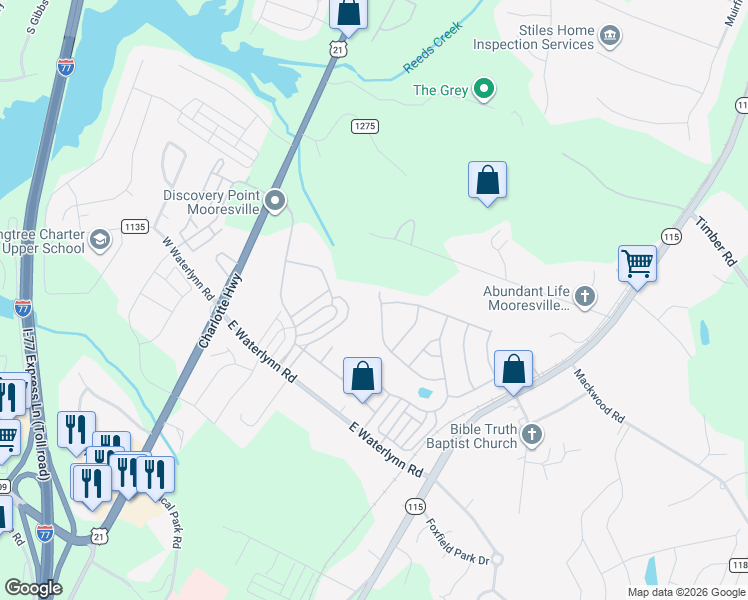 map of restaurants, bars, coffee shops, grocery stores, and more near 149 Farmers Folly Drive in Mooresville