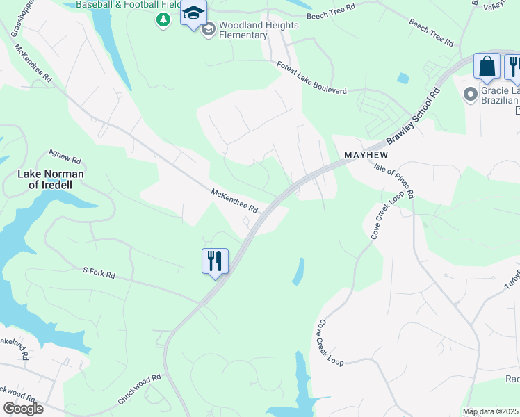 map of restaurants, bars, coffee shops, grocery stores, and more near 1392 Brawley School Road in Mooresville