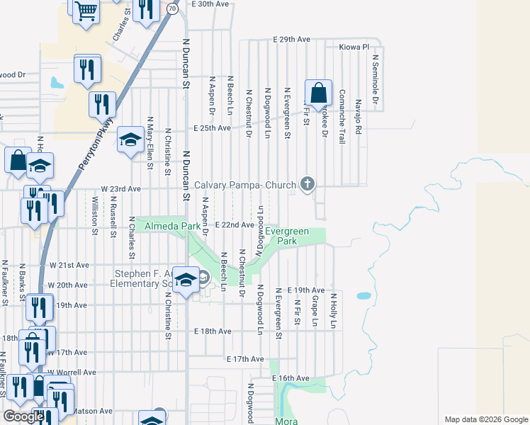 map of restaurants, bars, coffee shops, grocery stores, and more near East 22nd Avenue in Pampa