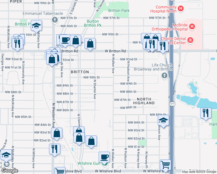 map of restaurants, bars, coffee shops, grocery stores, and more near 9005 North Walker Avenue in Oklahoma City