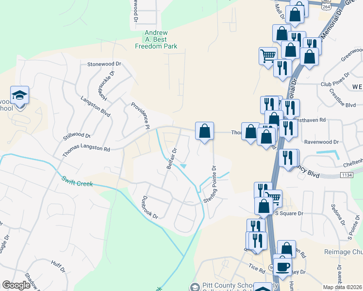 map of restaurants, bars, coffee shops, grocery stores, and more near 3812 East Vancroft Circle in Winterville
