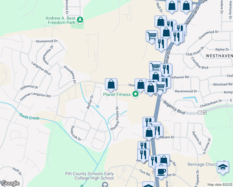 map of restaurants, bars, coffee shops, grocery stores, and more near 3320 Sterling Pointe Drive in Winterville
