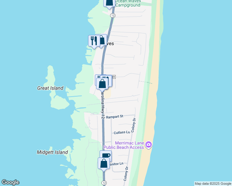 map of restaurants, bars, coffee shops, grocery stores, and more near 25105 Sea Vista Court in Nags Head