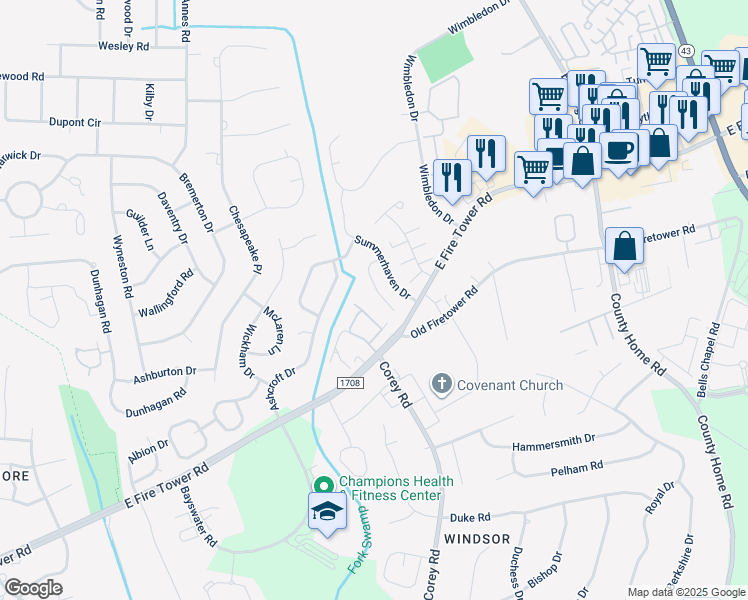 map of restaurants, bars, coffee shops, grocery stores, and more near 2014A Shadowood Court in Greenville