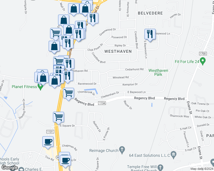 map of restaurants, bars, coffee shops, grocery stores, and more near 700 Kempton Drive in Greenville