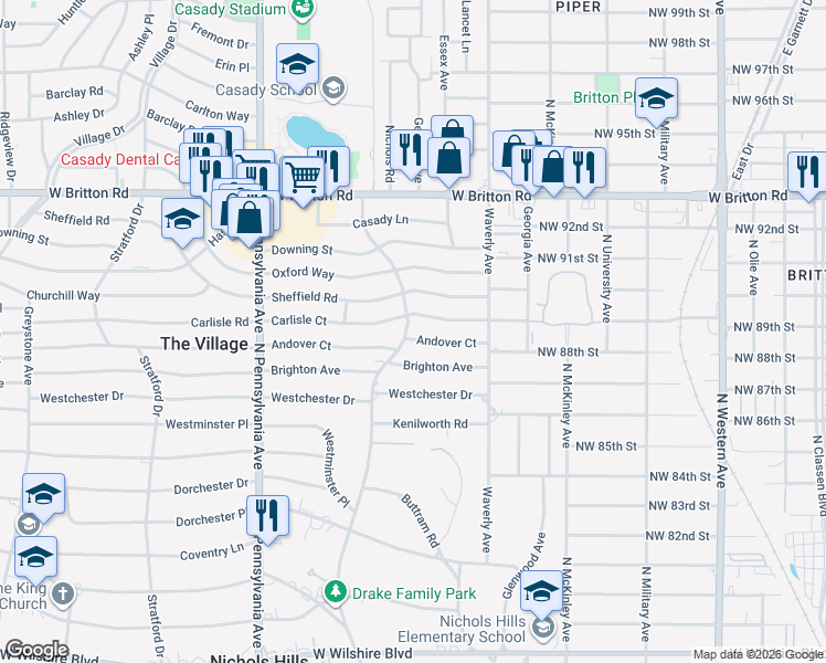 map of restaurants, bars, coffee shops, grocery stores, and more near 1415 Carlisle Court in The Village