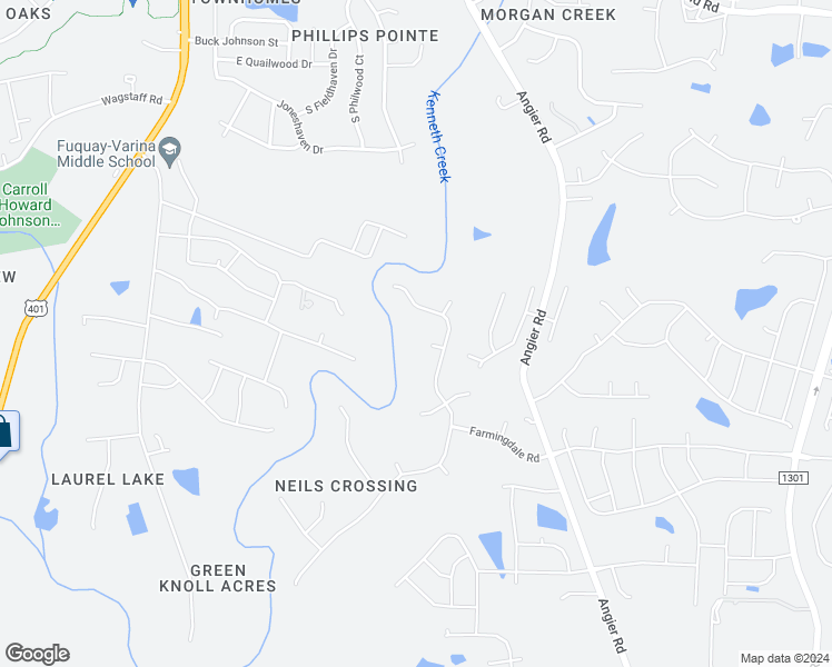 map of restaurants, bars, coffee shops, grocery stores, and more near 104 Bridgestone Court in Fuquay Varina