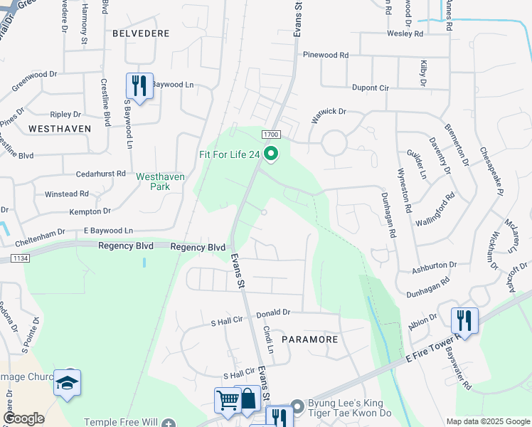 map of restaurants, bars, coffee shops, grocery stores, and more near 161 Keys Court in Greenville