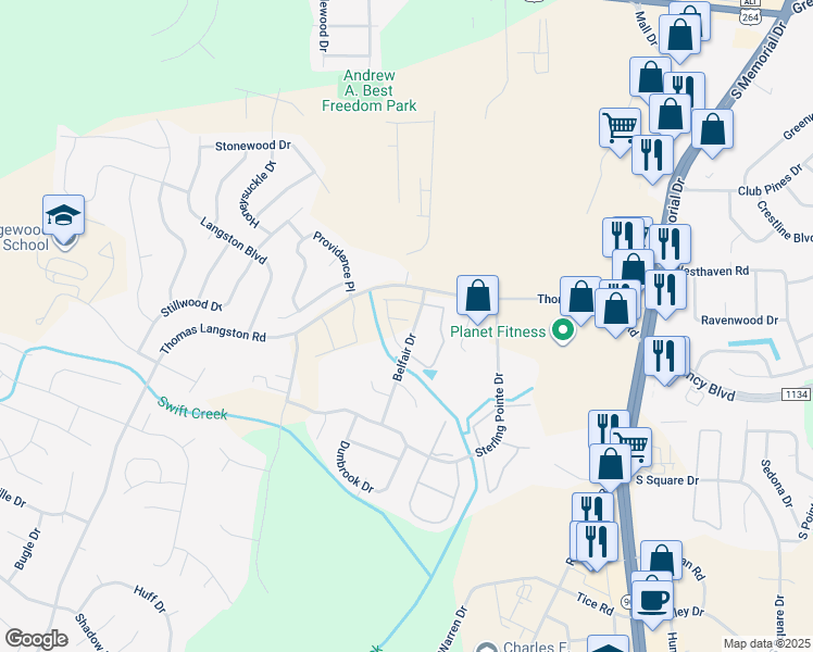 map of restaurants, bars, coffee shops, grocery stores, and more near 1330 Thomas Langston Rd in Greenville