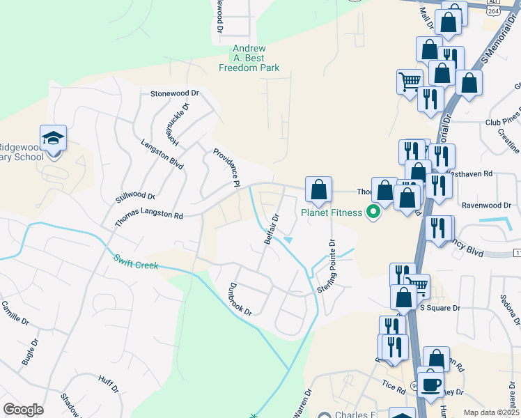 map of restaurants, bars, coffee shops, grocery stores, and more near 1330 Thomas Langston Rd in Greenville