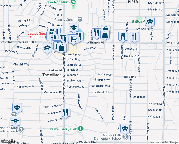 map of restaurants, bars, coffee shops, grocery stores, and more near 1512 Sheffield Road in The Village