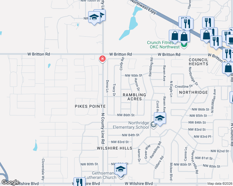 map of restaurants, bars, coffee shops, grocery stores, and more near 8901 Tracy Drive in Oklahoma City
