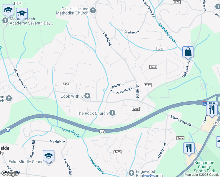 map of restaurants, bars, coffee shops, grocery stores, and more near 25 Oakdale Drive in Candler