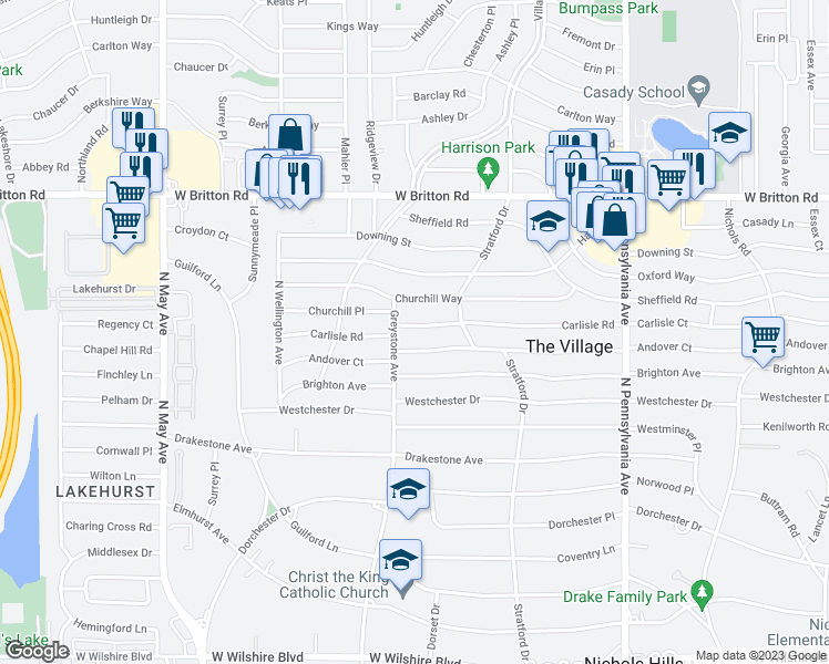 map of restaurants, bars, coffee shops, grocery stores, and more near 2016 Carlisle Road in The Village