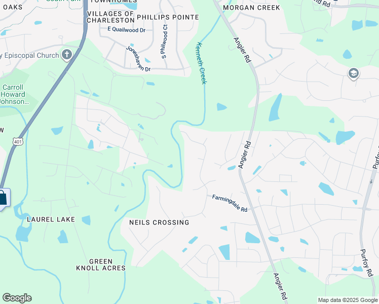 map of restaurants, bars, coffee shops, grocery stores, and more near 104 Bridgestone Court in Fuquay Varina