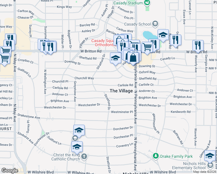 map of restaurants, bars, coffee shops, grocery stores, and more near 1804 Churchill Way in The Village