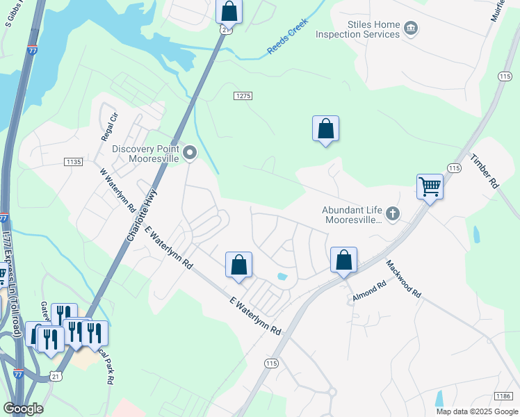 map of restaurants, bars, coffee shops, grocery stores, and more near 233 Foursquare Road in Mooresville