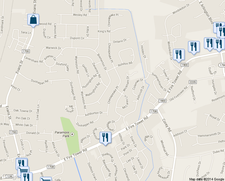 map of restaurants, bars, coffee shops, grocery stores, and more near 904 Chesapeake Place in Greenville