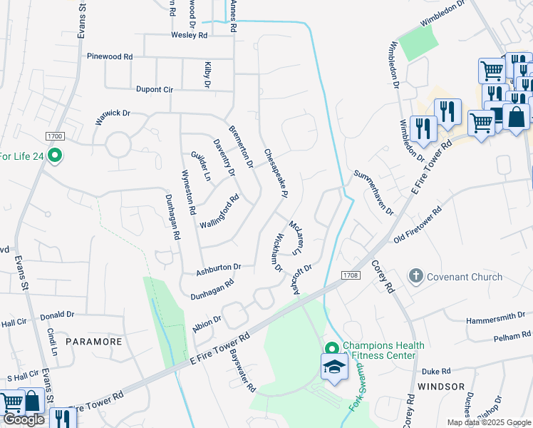 map of restaurants, bars, coffee shops, grocery stores, and more near 904 Chesapeake Place in Greenville